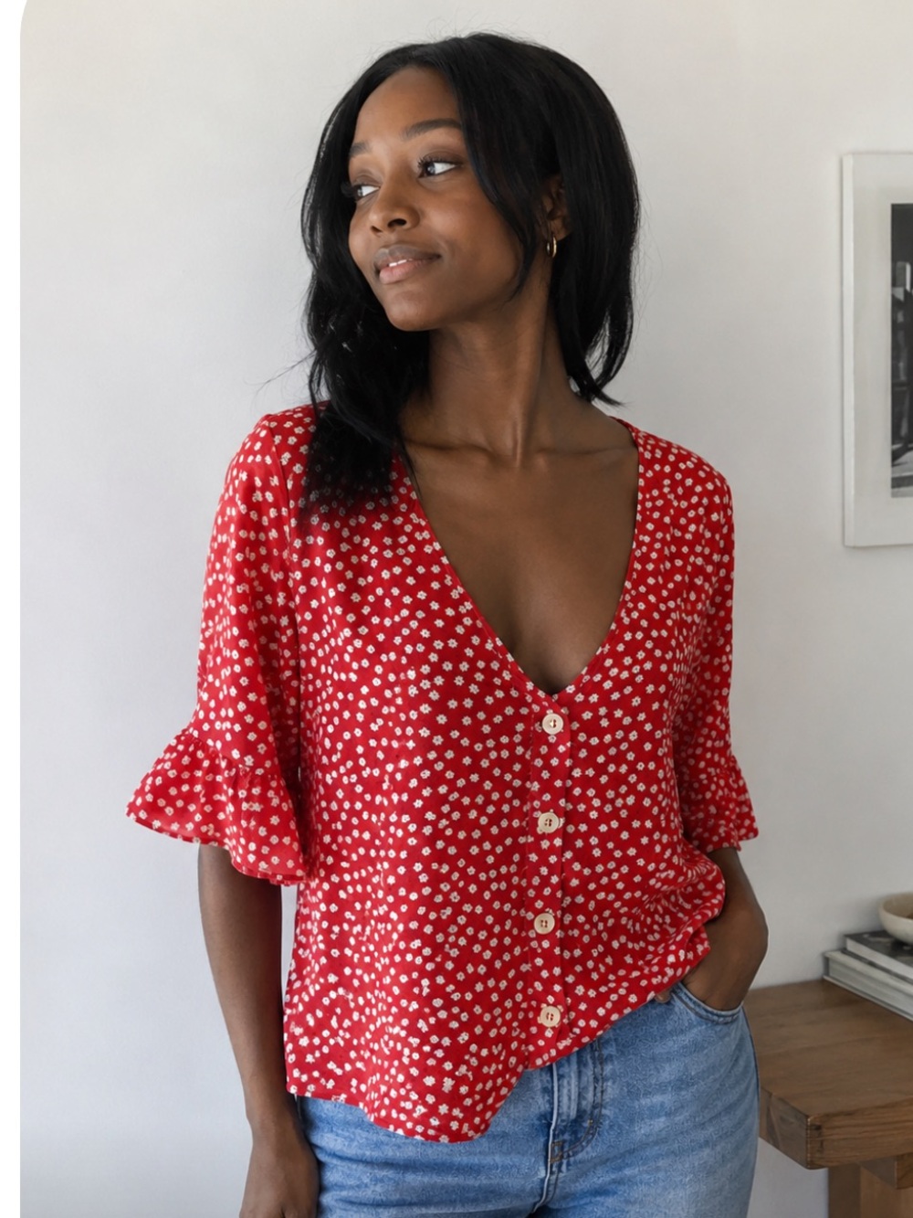 Red Daisy Print Blouse 2XL Floral Button Front Top